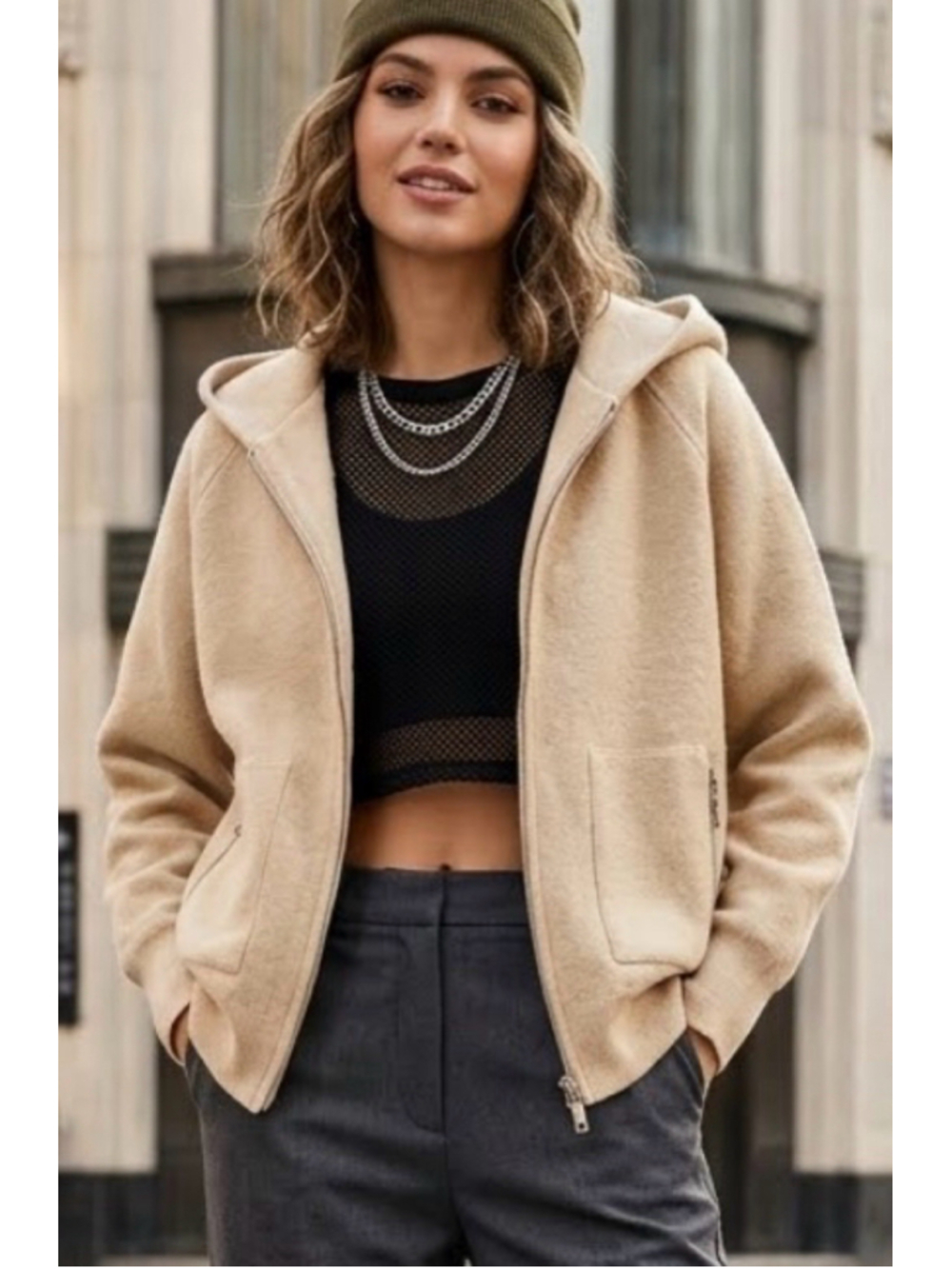 Lara Oatmeal Beige Knit Zip Up Hoodie Sweater Zipper Pocket Cardigan S/ M 2157